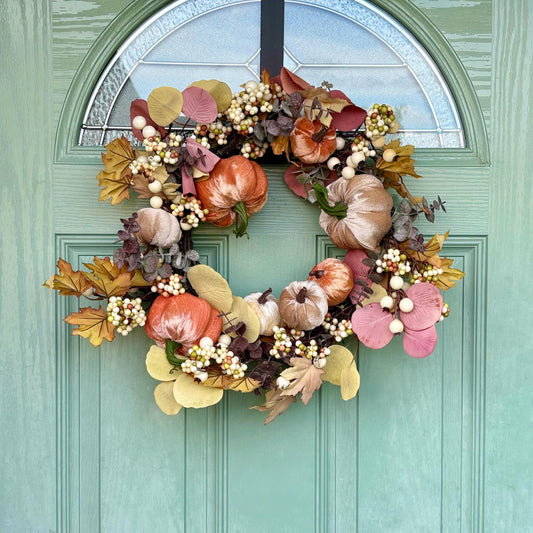 Autumn Velvet Pumpkin Wreath | Autumn Door Wreath with Faux Leaves & Berries