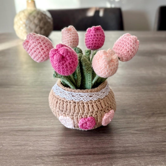 Pink Crochet Tulips in Flower Pot