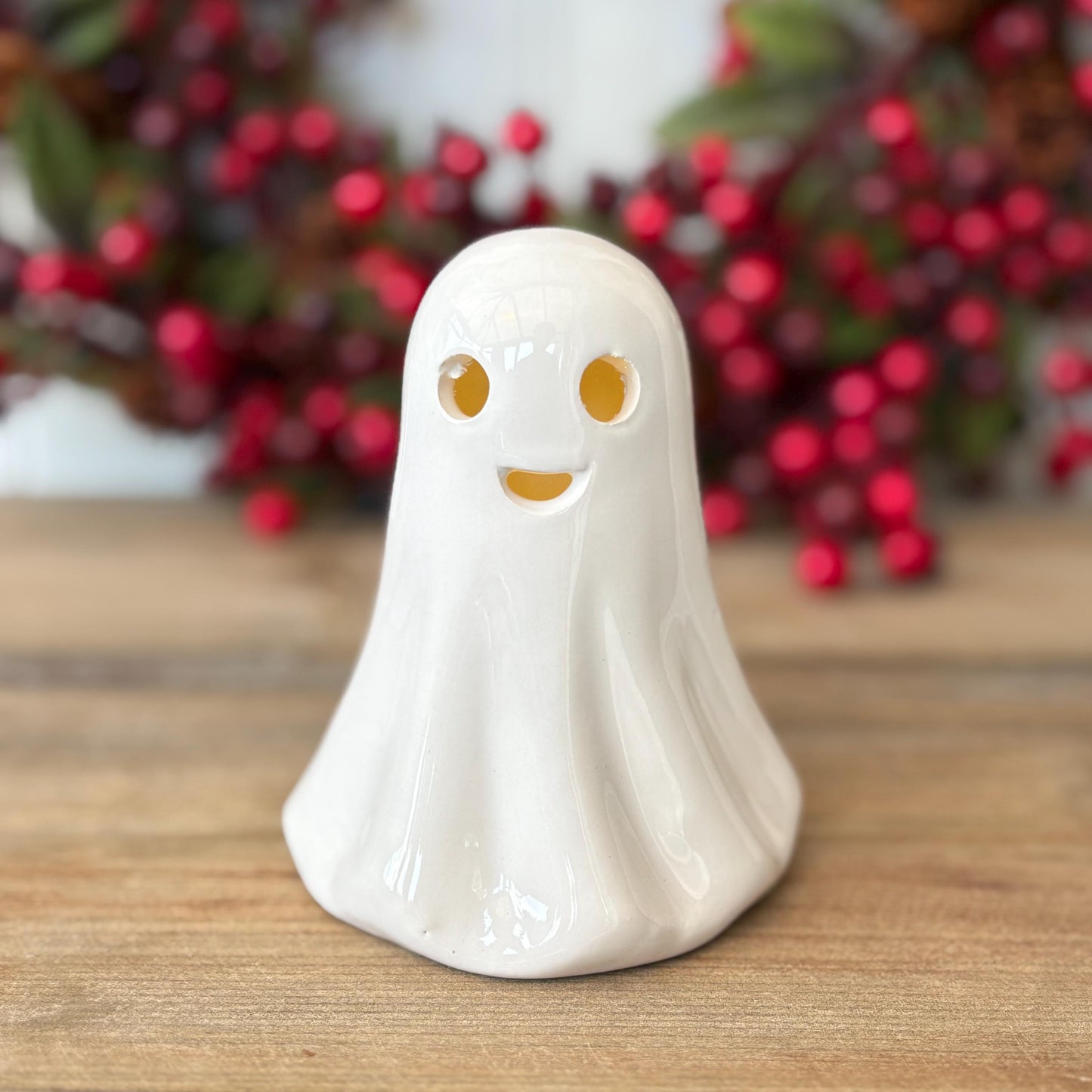 Ceramic LED Ghost Ornament | Glossy White Halloween Decoration | Cute Light Up Ghost Figurine | Spooky Home Decor | Friendly Ghost