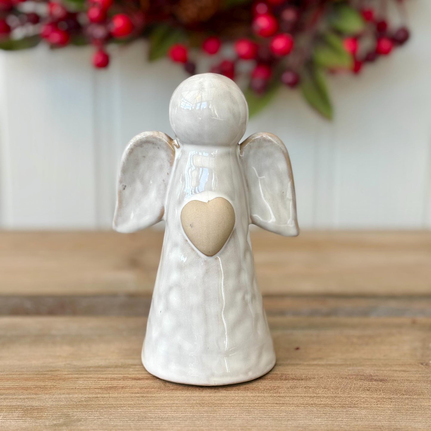 Ceramic Angel Ornament with Heart | Glazed White Angel Figurine | Guardian Angel Gift