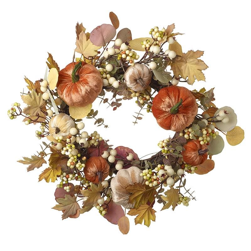 Autumn Velvet Pumpkin Wreath | Autumn Door Wreath with Faux Leaves & Berries