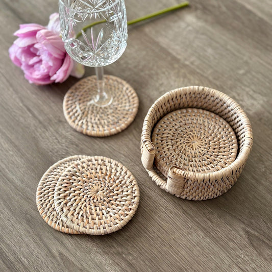 Whitewash Rattan Round Coaster Set