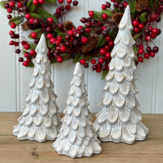Glazed Ceramic Scalloped Christmas Tree Decorations | White Christmas Ornaments | Modern Tabletop Christmas Decor