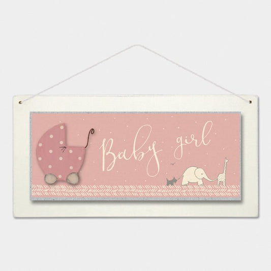 Baby Girl Nursery Sign with Wooden Pram Detail and Animal Artwork