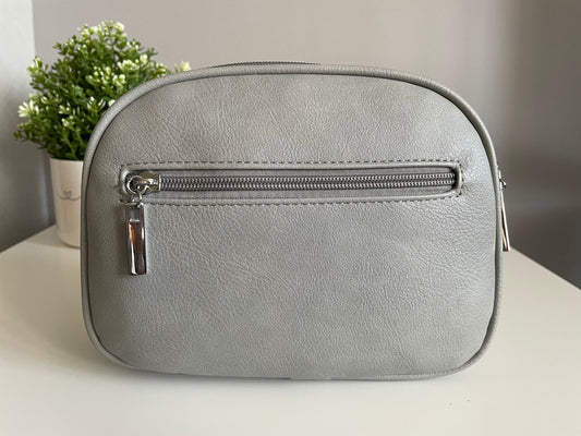 Grey Triple Zipped Crossbody Bag with Detachable Leopard Print Bag Strap