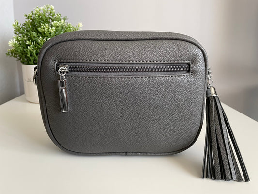 Grey Crossbody Tasseled Handbag with Two Changeable Straps
