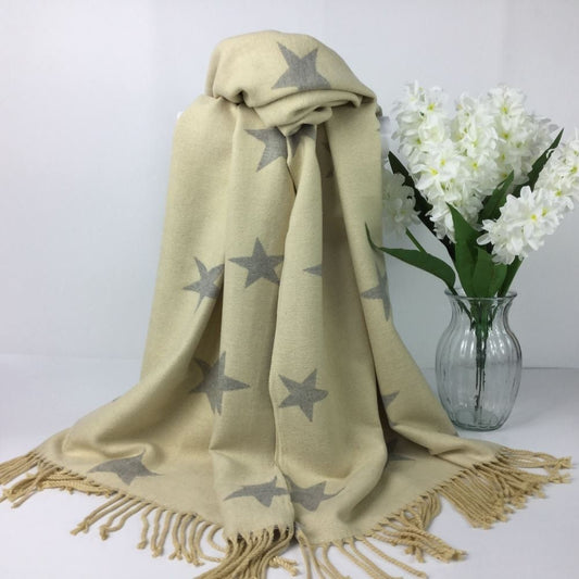 Beige & Grey Cashmere Blend Star Print Reversible Tasseled Autumn Winter Scarves