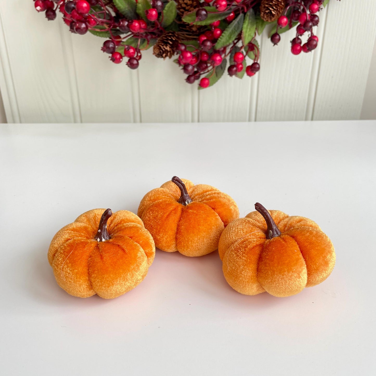 Set of Three Velvet Orange Pumpkin Ornaments