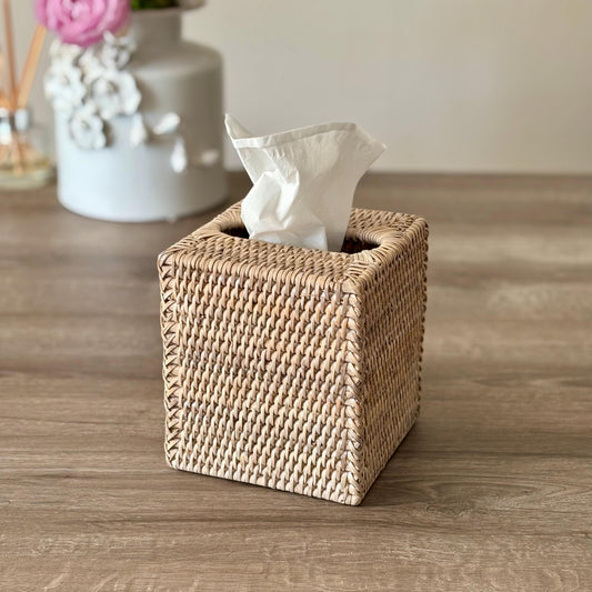 Whitewash Rattan Square Tissue Box Holder