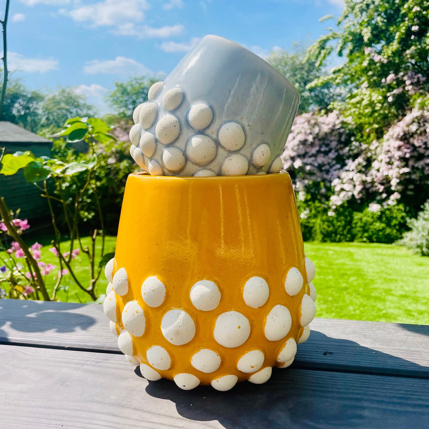 Indoor Plant Pots | Grey & Yellow Crackle Glaze Ceramic Textured Bobble Planters