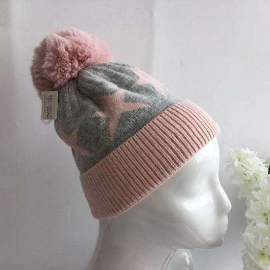 Grey and Pink Star Bobble Hat with Faux Fur Pom Pom