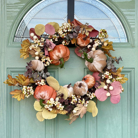 Autumn Velvet Pumpkin Wreath | Autumn Door Wreath with Faux Leaves & Berries
