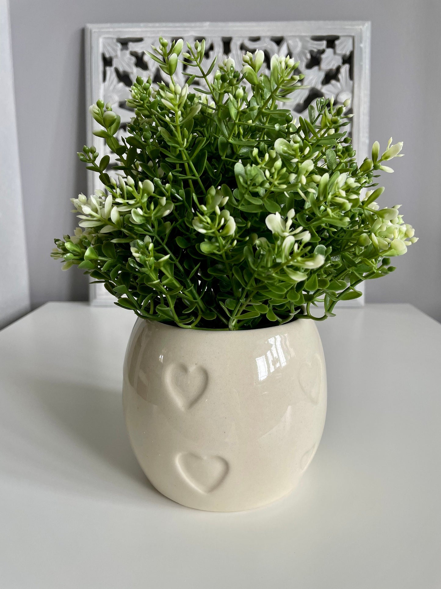 Grey and Ivory Plant Pots with Embossed Hearts
