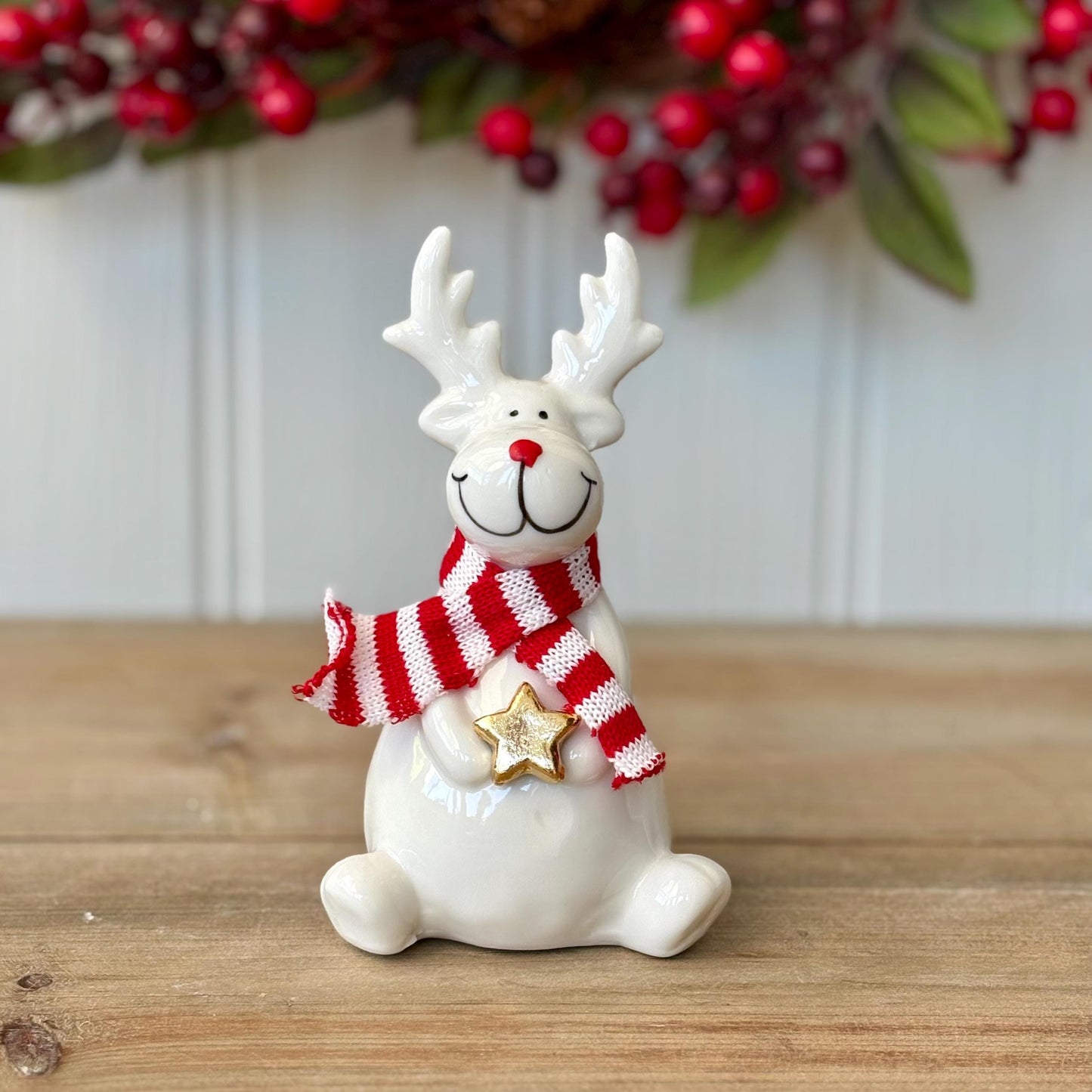 White Ceramic Christmas Sitting Reindeer with Red & White Scarves | Christmas Ceramic Figurine Ornaments