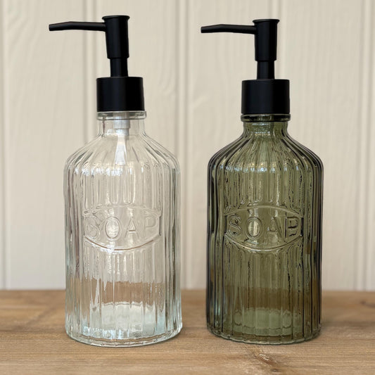 Ridged Glass Soap Dispenser | Green & Clear Vintage Inspired Bathroom Decor