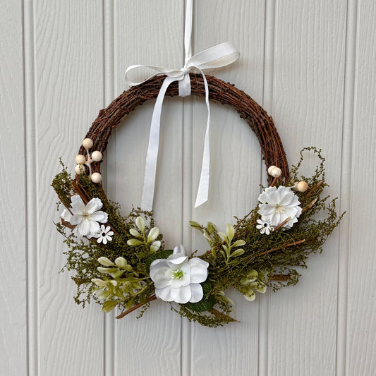 Rustic White Leaf & Flower Artificial Mini Wreath – 25cm Wedding Wreath | Neutral Floral Wall Decor