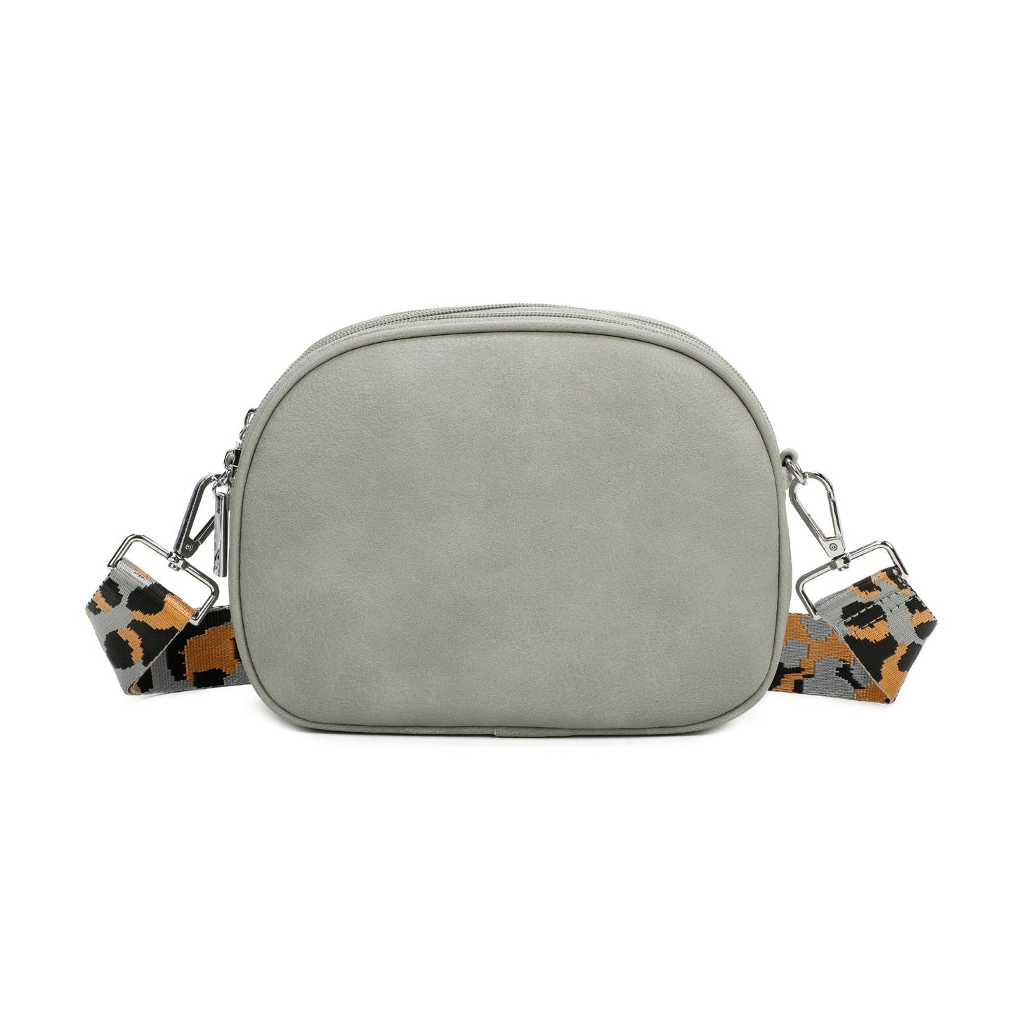 Grey Triple Zipped Crossbody Bag with Detachable Leopard Print Bag Strap
