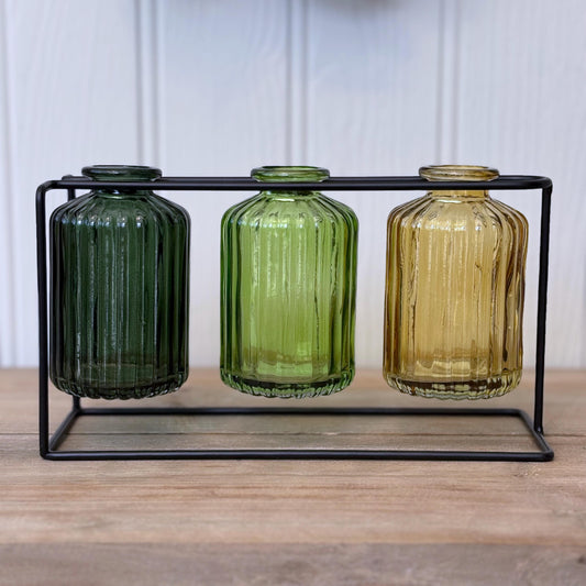 Set of 3 Ribbed Glass Bud Vases with Metal Stand – Green, Amber & Dark Green | Vintage-Style Mini Vase Trio | Rustic Table or Shelf Decor