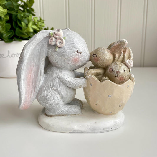 Rabbit with Babies in Egg Shell Ornament