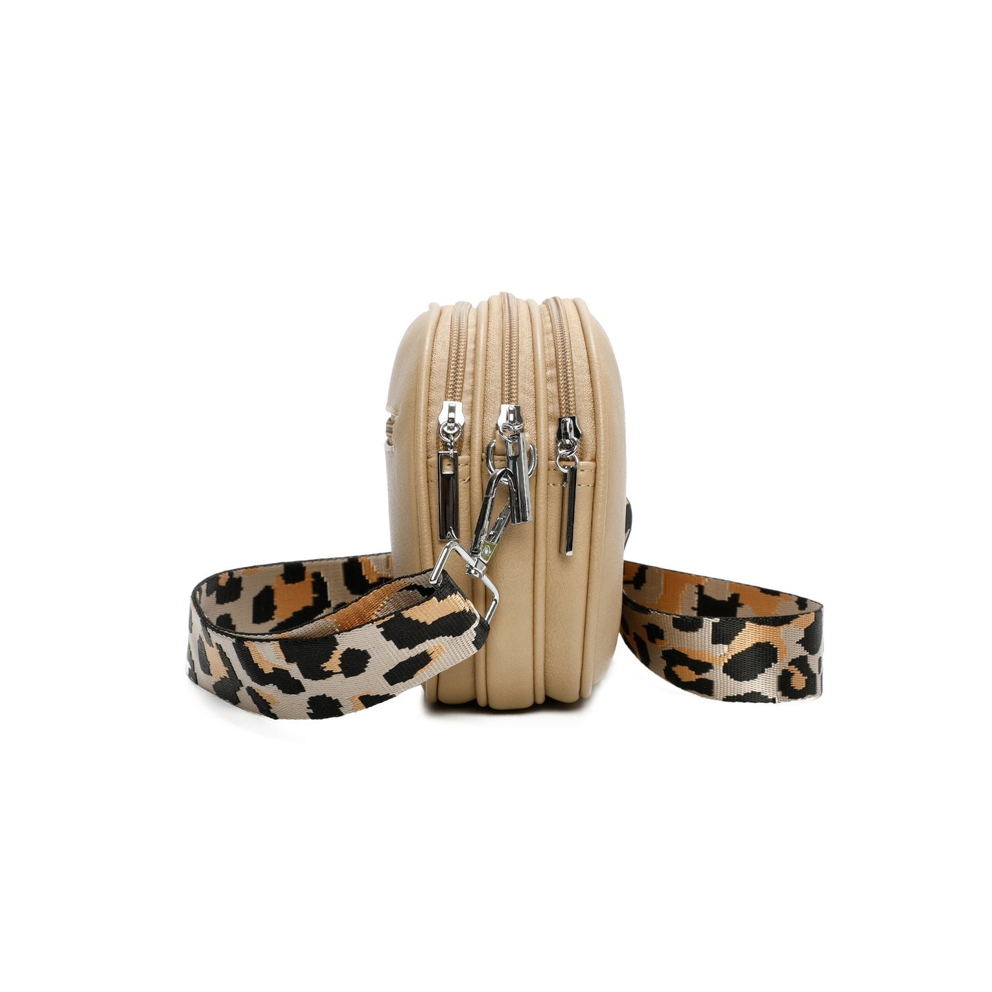 Grey Triple Zipped Crossbody Bag with Detachable Leopard Print Bag Strap