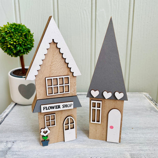 Set of Two Rustic Decorative Wooden House Block Ornaments