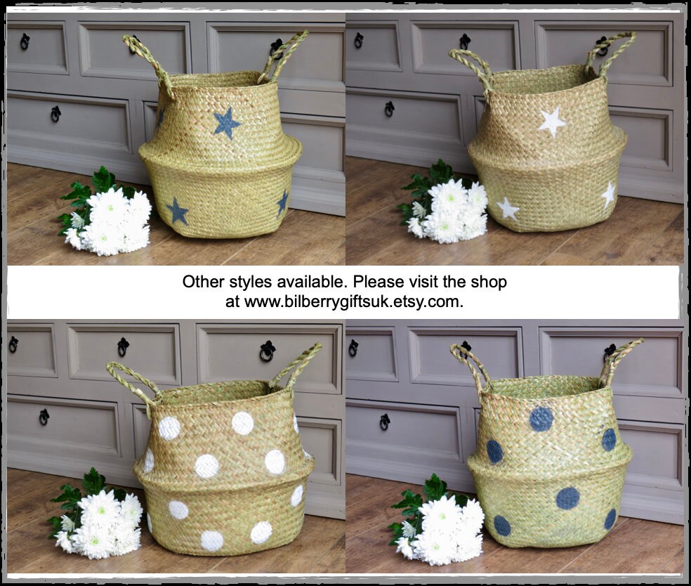 Grey Polka Dot Seagrass Basket | Storage Basket | Planter | Dog Toy Basket | Hamper Basket
