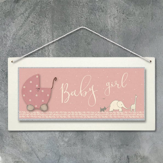 Baby Girl Nursery Sign with Wooden Pram Detail and Animal Artwork