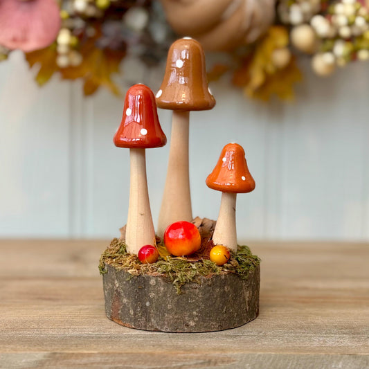 Autumn Woodland Mushroom Decoration | Mushroom Toadstool Ornament | Log Slice Mushroom Decor
