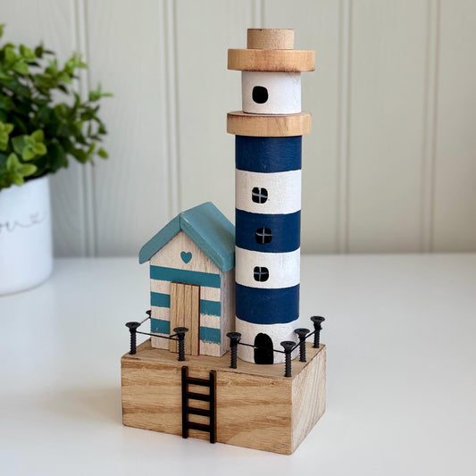 Wooden Seaside Lighthouse Scene Block Ornament