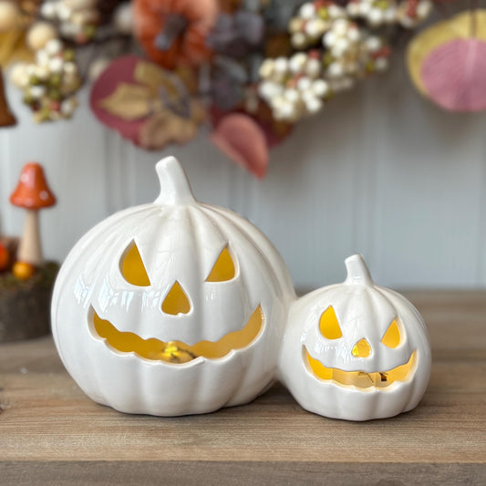 White Ceramic LED Pumpkin Duo | Jack O'Lantern Halloween Decor | Light-Up Autumn Fall Table Ornaments