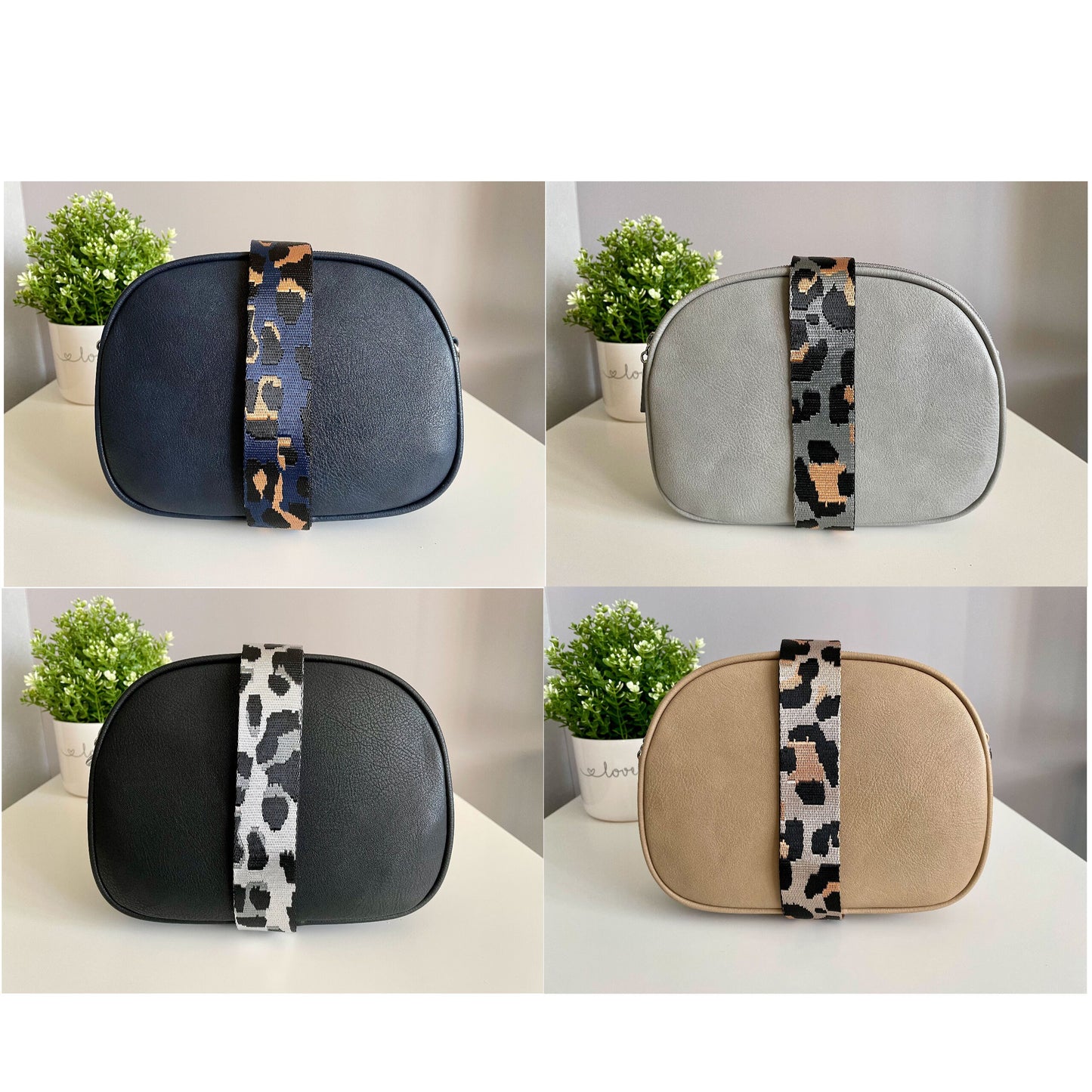 Grey Triple Zipped Crossbody Bag with Detachable Leopard Print Bag Strap