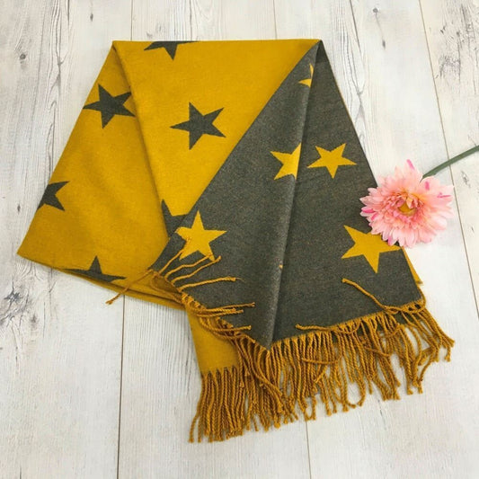 Mustard & Grey Cashmere Blend Star Print Reversible Tasseled Autumn Winter Scarves