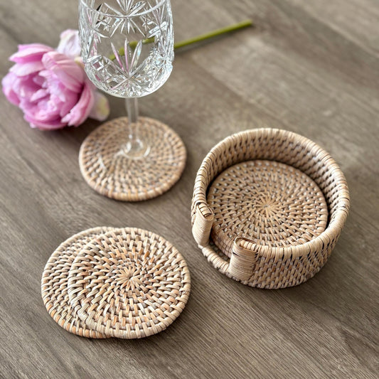 Whitewash Rattan Round Coaster Set