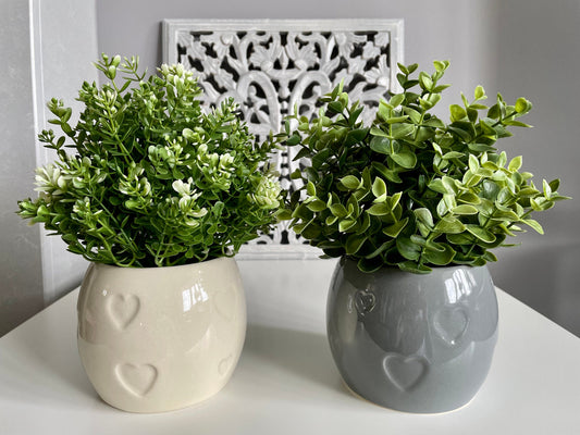 Grey and Ivory Plant Pots with Embossed Hearts