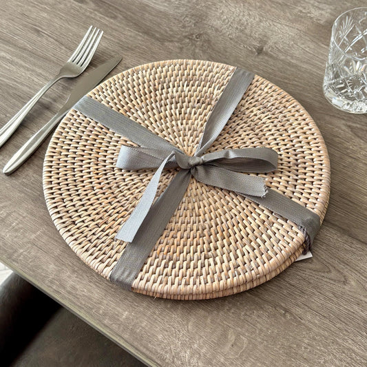 Set of Two Whitewash Round Rattan Placemats