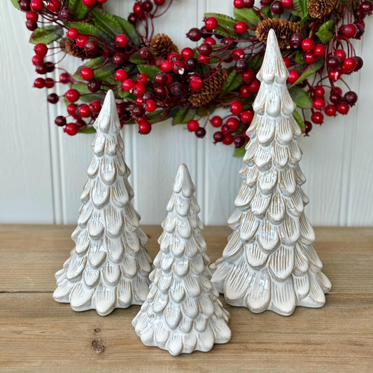 Glazed Ceramic Scalloped Christmas Tree Decorations | White Christmas Ornaments | Modern Tabletop Christmas Decor