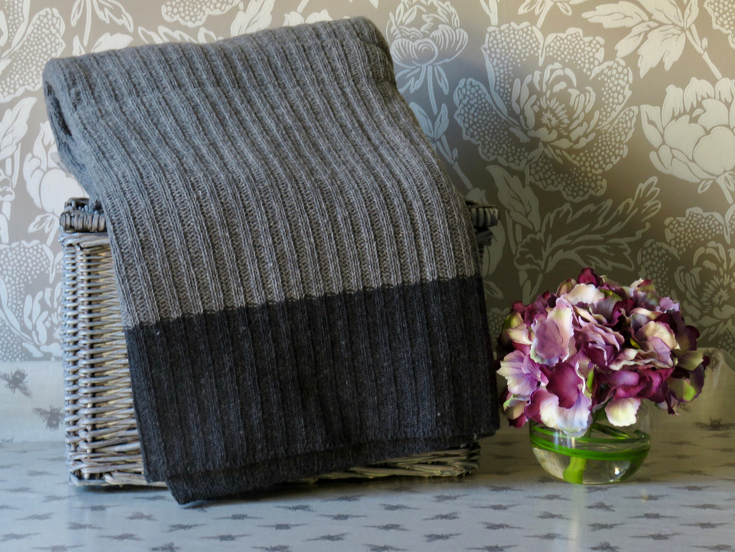 Grey and Charcoal Ribbed Wool Rich Throw | 170 x 130cm