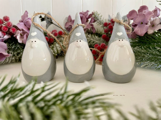Set of Three Grey and White Ceramic Santa Gonk Christmas Baubles
