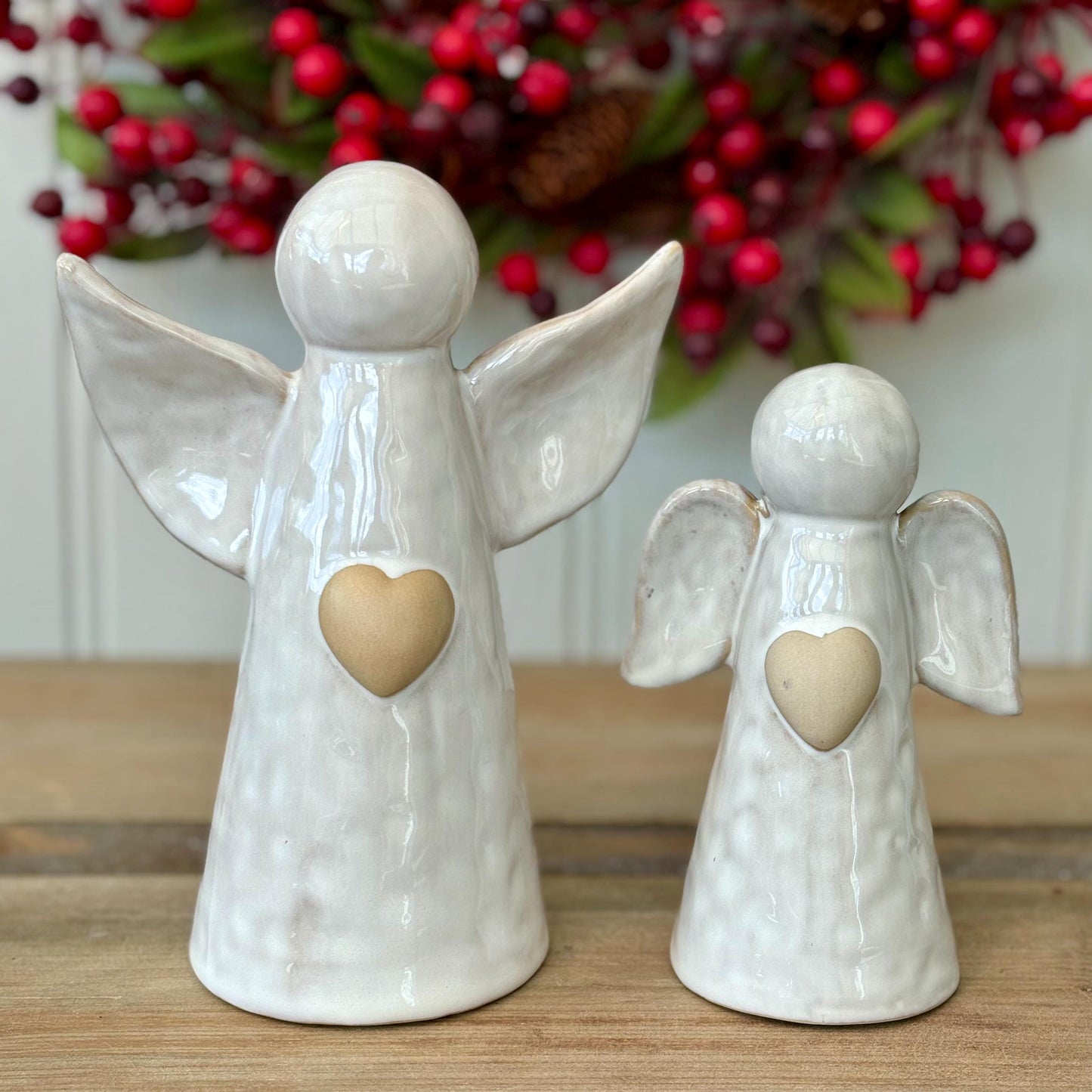 Ceramic Angel Ornament with Heart | Glazed White Angel Figurine | Guardian Angel Gift