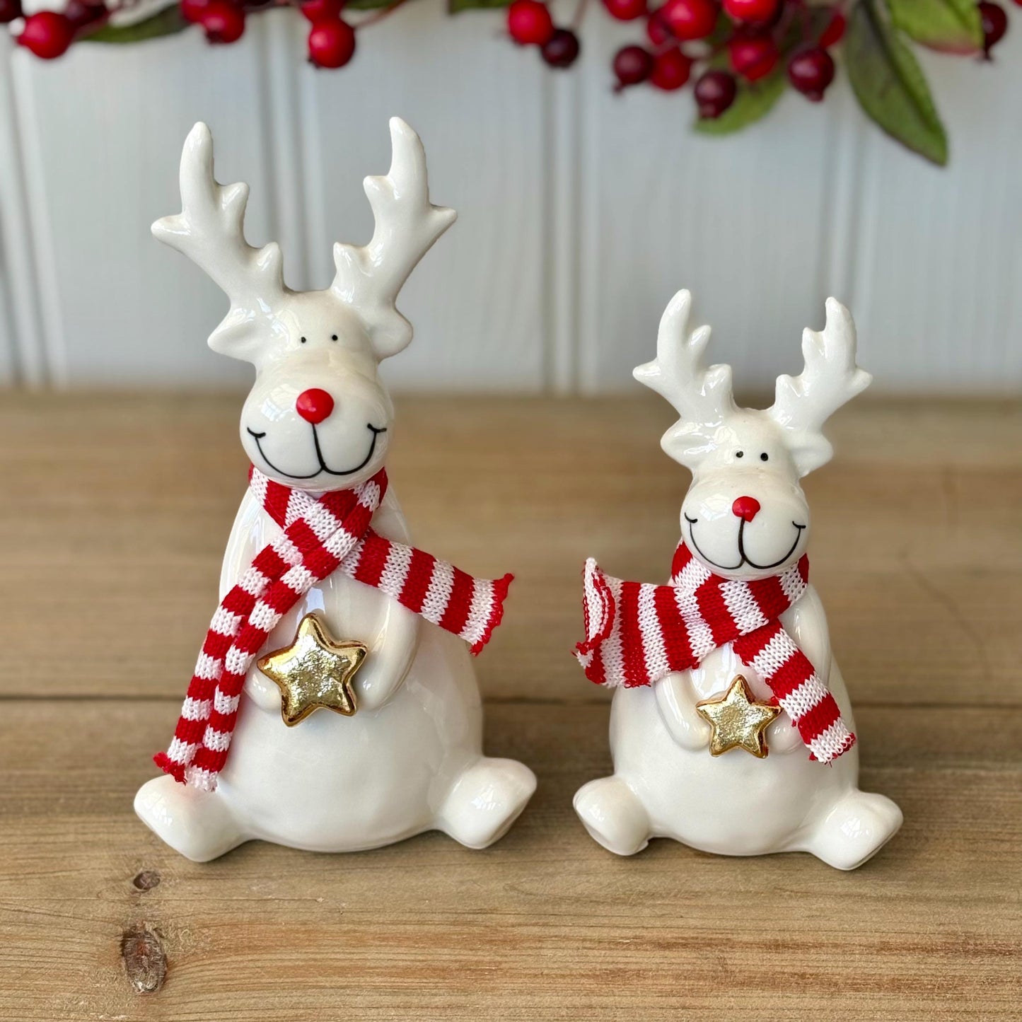 White Ceramic Christmas Sitting Reindeer with Red & White Scarves | Christmas Ceramic Figurine Ornaments