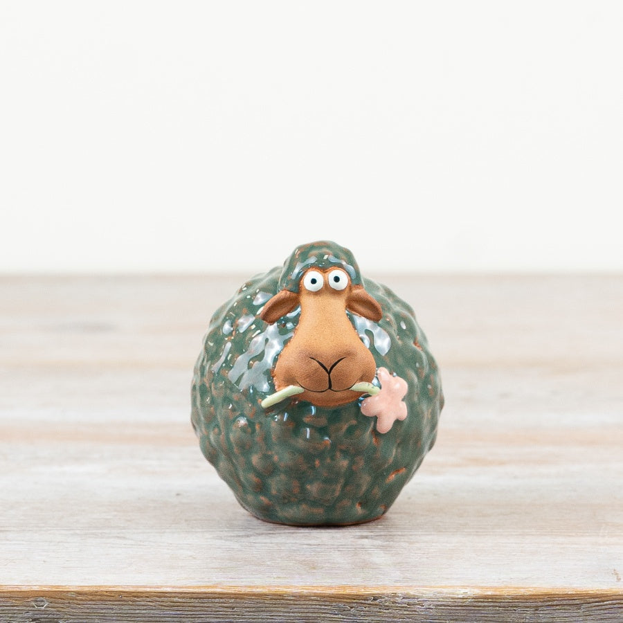 Ceramic Round Green & White Sheep Figurine Ornaments