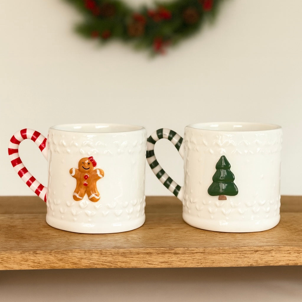 Christmas Gingerbread & Christmas Tree Mugs with Candy Cane Striped Handle