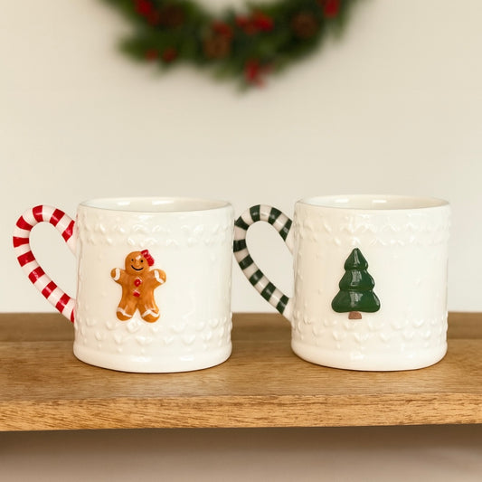 Christmas Gingerbread & Christmas Tree Mugs with Candy Cane Striped Handle