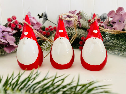 Set of Three Red and White Ceramic Santa Gonk Christmas Baubles