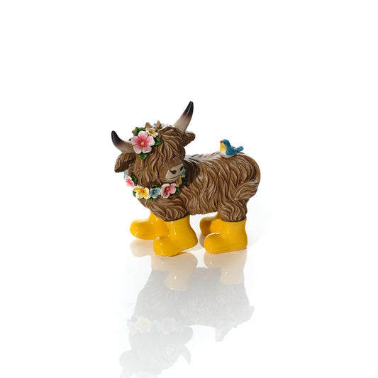 Spring Highland Cow Figurine Ornament with Yellow Boots - Daisy Cow