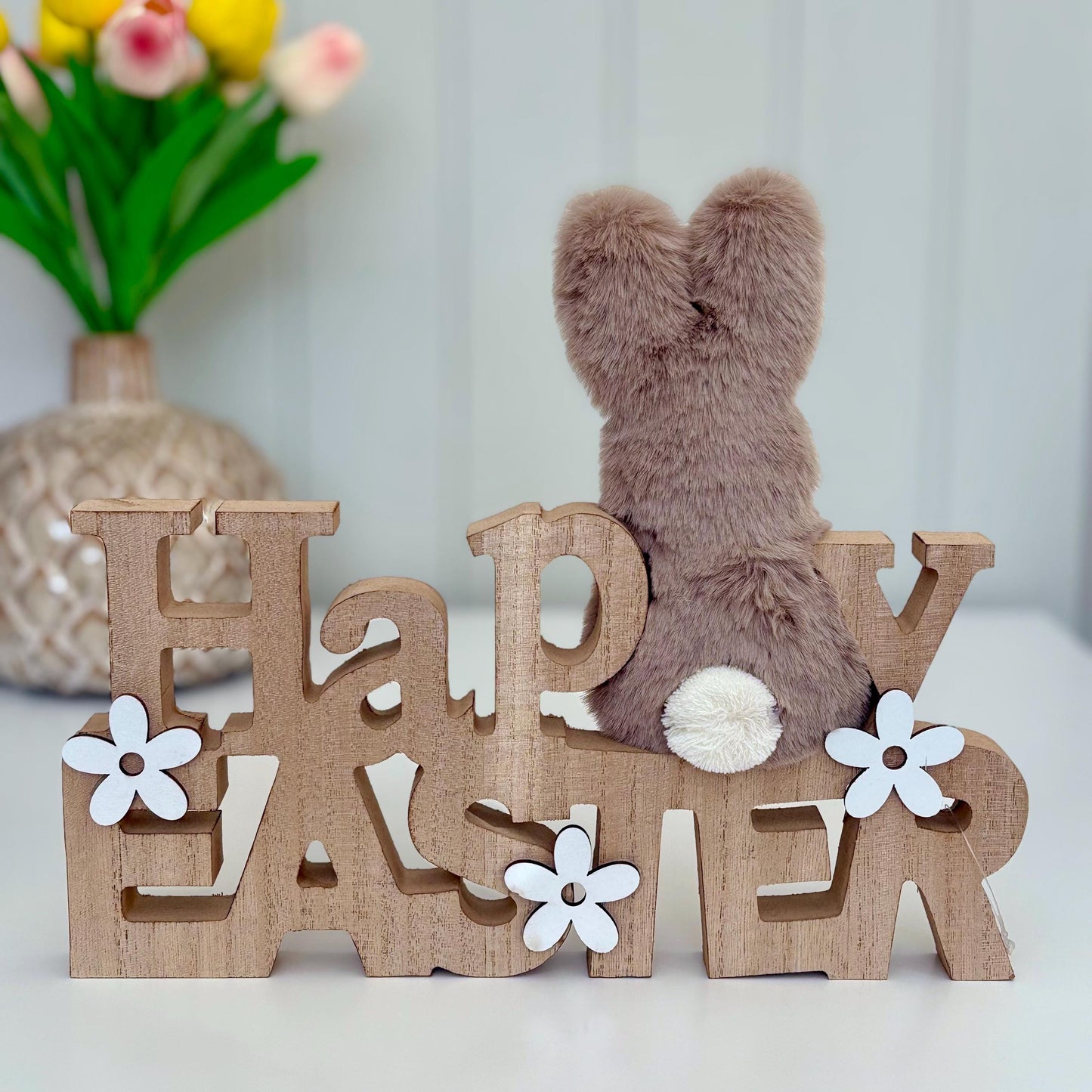 Happy Easter Wooden Display Sign with Fur Bunny Rabbit