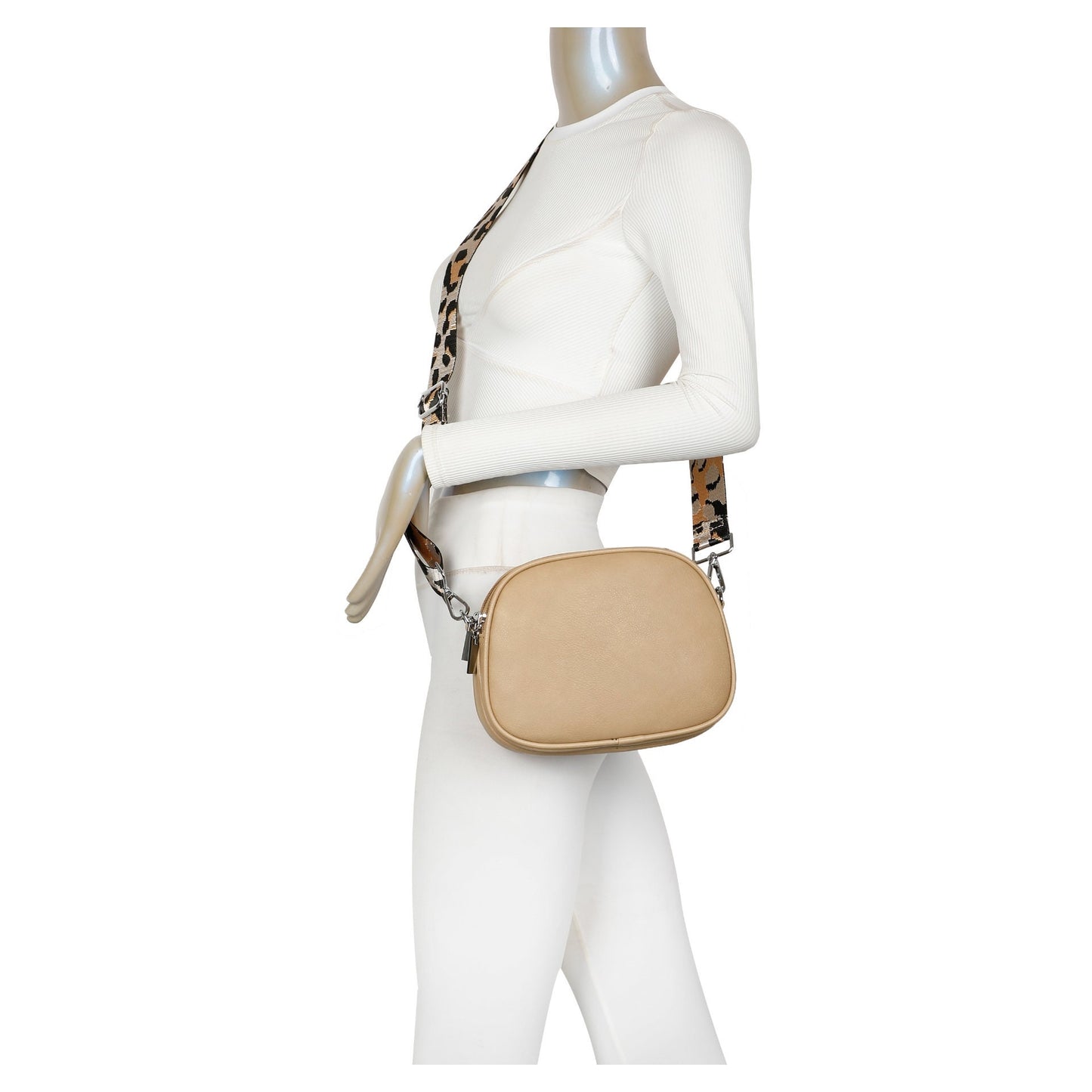 Grey Triple Zipped Crossbody Bag with Detachable Leopard Print Bag Strap
