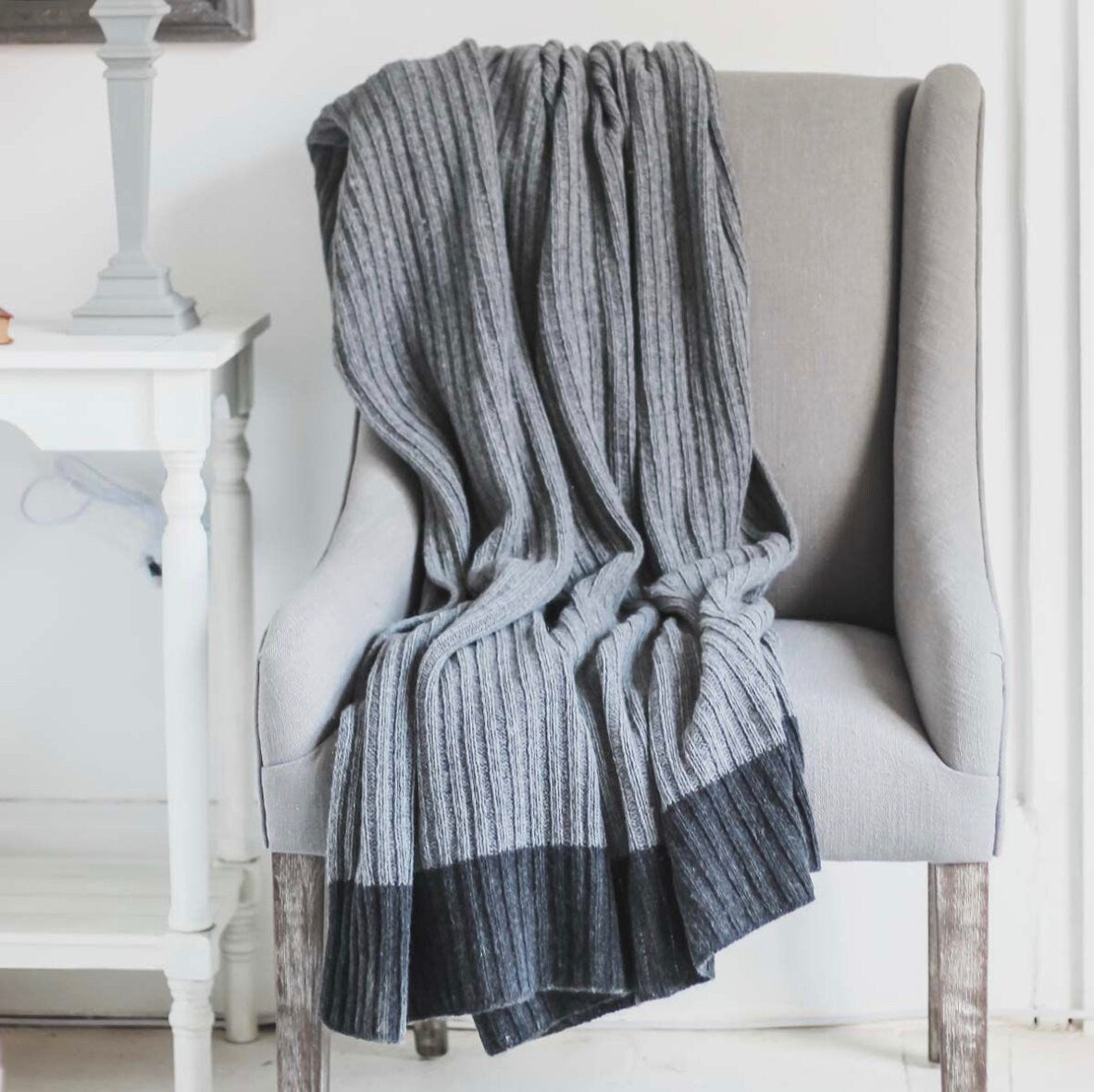 Grey and Charcoal Ribbed Wool Rich Throw | 170 x 130cm