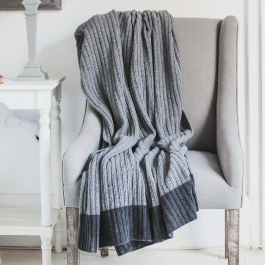 Grey and Charcoal Ribbed Wool Rich Throw | 170 x 130cm