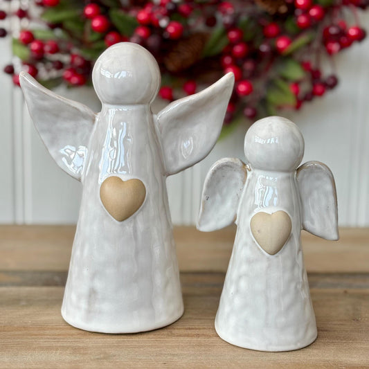 Ceramic Angel Ornament with Heart | Glazed White Angel Figurine | Guardian Angel Gift